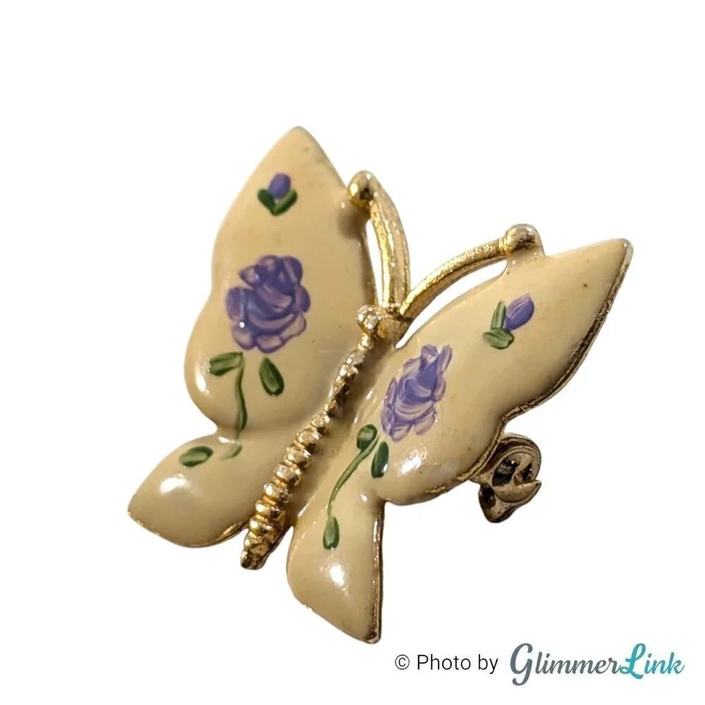 Vintage Cream Butterfly Purple Rose Flowers Hand Painted Enamel Gold Tone Brooch